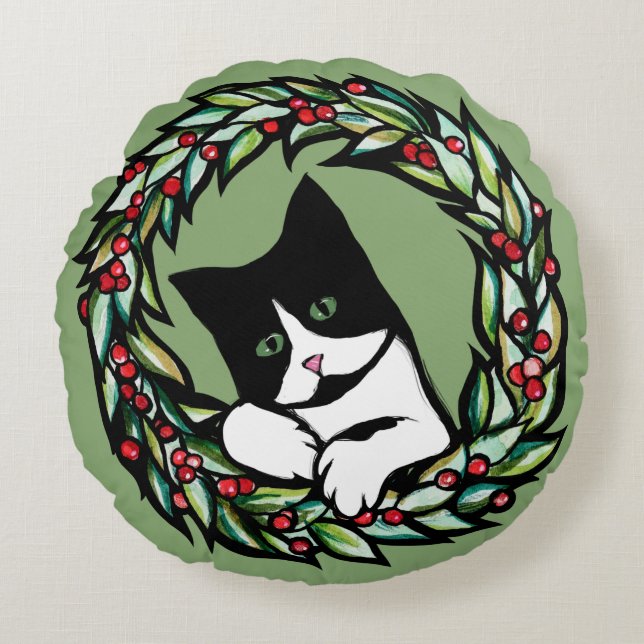 Tuxedo Cat Kerstmis Jule Holiday Cats Catmas Art  Rond Kussen (Voorkant)