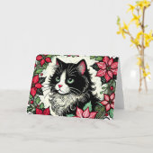 Tuxedo Cat Kerstmis Kaart (Gele Bloem)