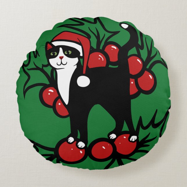Tuxedo Cat Kerstmis Rond Kussen (Voorkant)