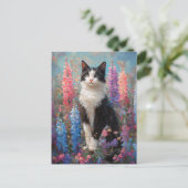 Tuxedo Cat Kleurrijke Lupine Bloemen Schilderen Briefkaart (Staand voorkant)