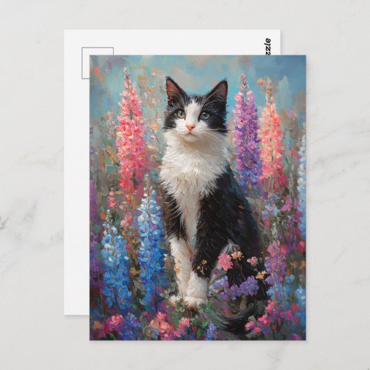 Tuxedo Cat Kleurrijke Lupine Bloemen Schilderen Briefkaart (Voorkant / Achterkant)