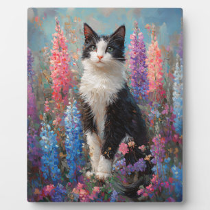 Tuxedo Cat Kleurrijke Lupine Bloemen Schilderen Fotoplaat