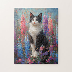 Tuxedo Cat Kleurrijke Lupine Bloemen Schilderen Legpuzzel