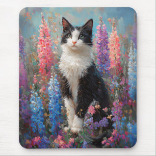 Tuxedo Cat Kleurrijke Lupine Bloemen Schilderen Muismat