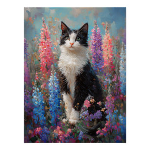 Tuxedo Cat Kleurrijke Lupine Bloemen Schilderen Perfect Poster