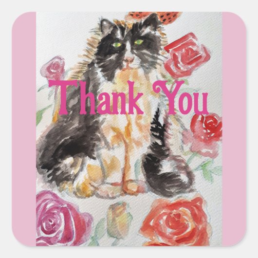 Tuxedo Cat Leuke Rozen Bloemen Katten Dank u Roos Vierkante Sticker (Voorkant)