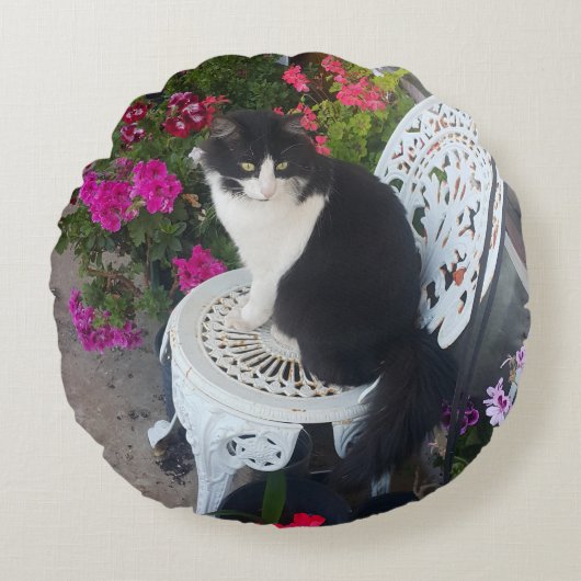 Tuxedo Cat Maroon Dark Pink Cats and Flowers Rond Kussen (Voorkant)