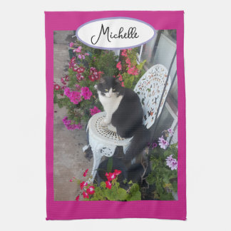 Tuxedo Cat Maroon Dark Pink Cats and Flowers Theedoek