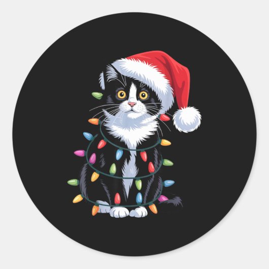 Tuxedo Cat Meow Santa Tuxie Christmas Tree Ronde Sticker (Voorkant)