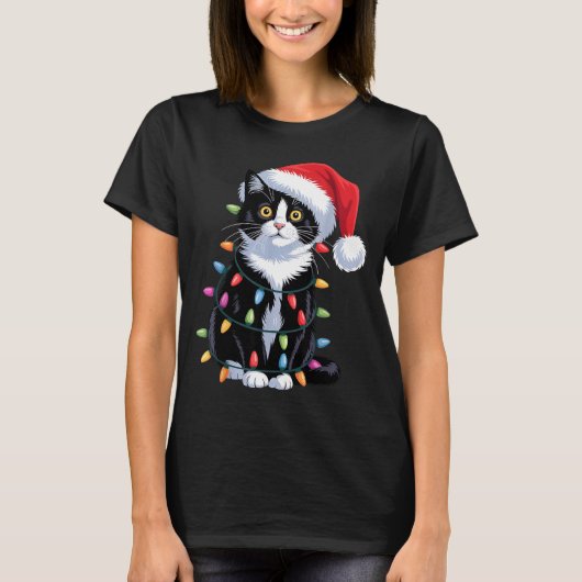 Tuxedo Cat Meow Santa Tuxie Christmas Tree T-shirt (Voorkant)