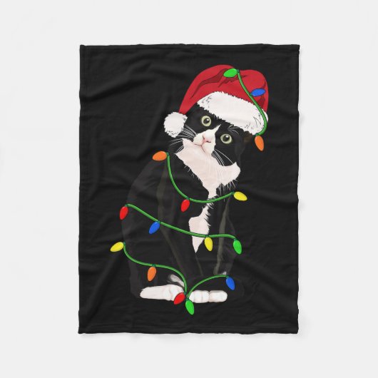 Tuxedo Cat Meow Santa Tuxie kerstboomverlichting Fleece Deken (Voorkant)