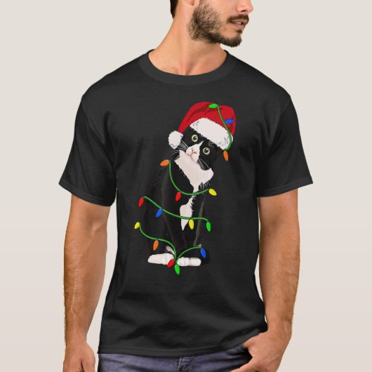 Tuxedo Cat Meow Santa Tuxie kerstboomverlichting T-shirt (Voorkant)