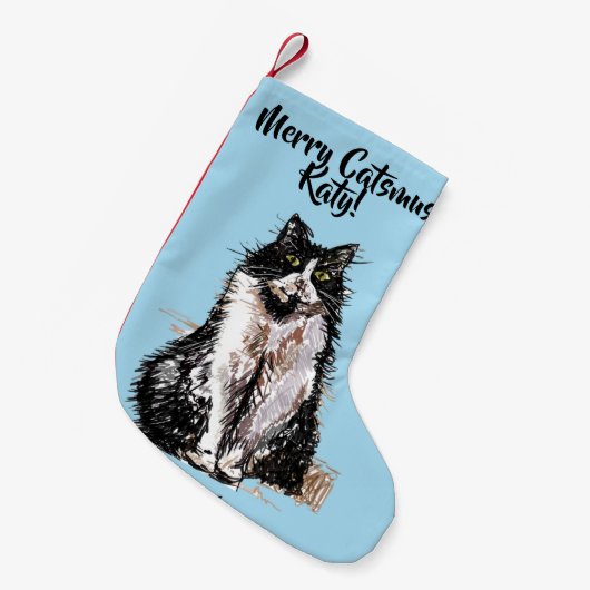 Tuxedo Cat Merry Catsmus Blue Kerstmis Stocking Kleine Kerstsok (Voorkant (Hangend))