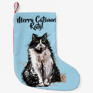 Tuxedo Cat Merry Catsmus Blue Kerstmis Stocking Kleine Kerstsok