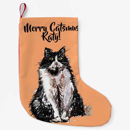 Tuxedo Cat Merry Catsmus oranje kerststop Kleine Kerstsok (Voorkant)