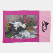 Tuxedo Cat Merry Catsmus Pink Christmas Cats Theedoek (Horizontaal)