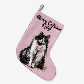 Tuxedo Cat Merry Catsmus roze kerststop Kleine Kerstsok (Voorkant (Hangend))