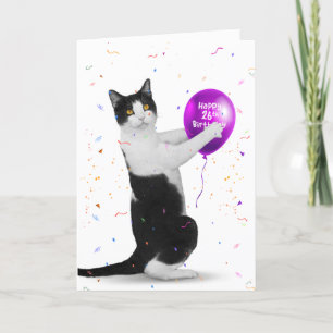 Tuxedo Cat met 26th Birthday Balloon Kaart