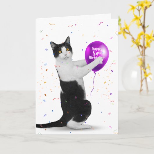 Tuxedo Cat met 54e Verjaardagsballon Kaart (Gele Bloem)