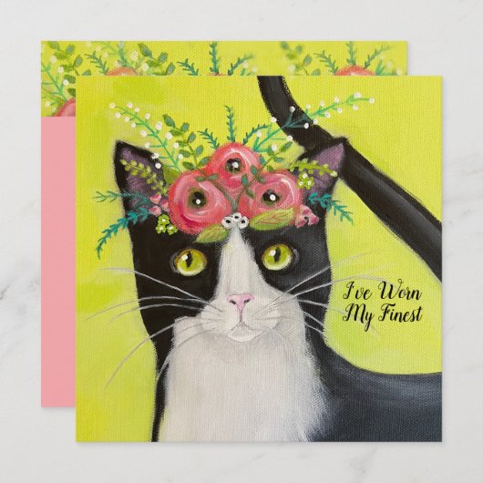 Tuxedo Cat met bloemkool, Birthday Kaart (Voorkant / Achterkant)