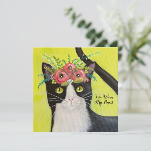 Tuxedo Cat met bloemkool, Birthday Kaart (Staand voorkant)
