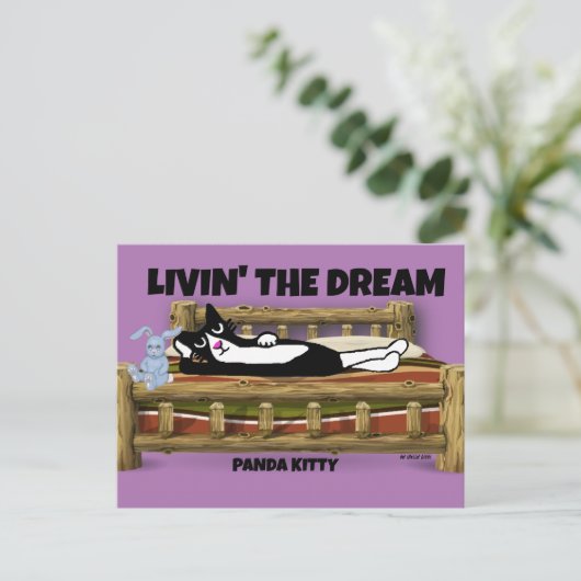TUXEDO CAT MET BUNNY IN BED, PANDA KAT ART BRIEFKAART (Staand voorkant)