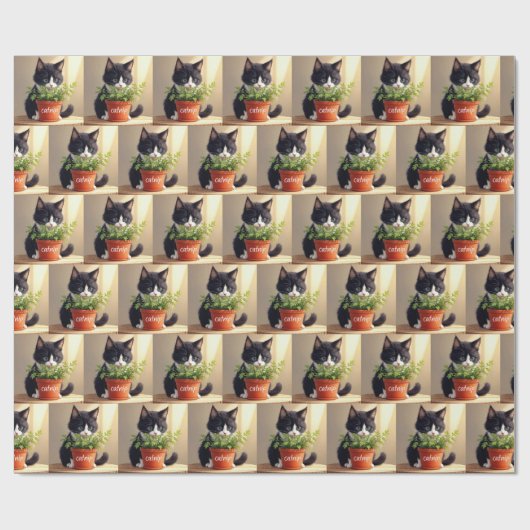 Tuxedo Cat met Catnip Plant Cadeaupapier (Vlak)
