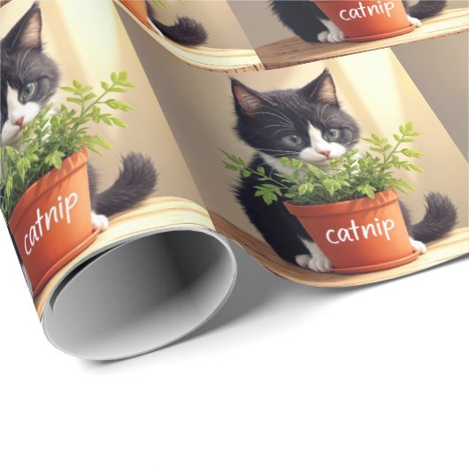 Tuxedo Cat met Catnip Plant Cadeaupapier (Rol Hoek)