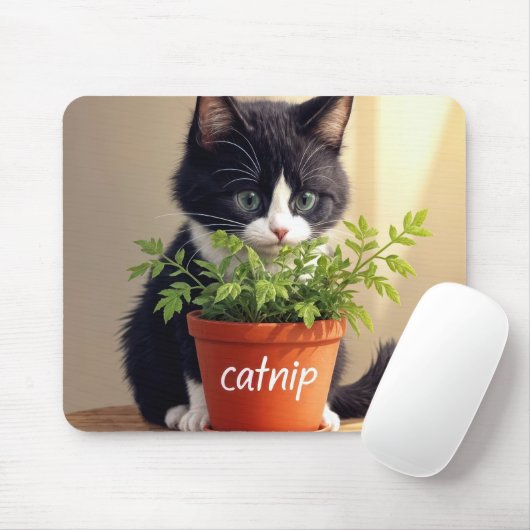 Tuxedo Cat met Catnip Plant Muismat (Met muis)