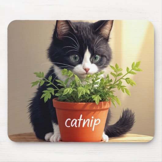 Tuxedo Cat met Catnip Plant Muismat (Voorkant)