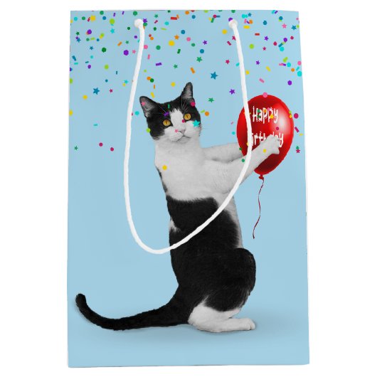Tuxedo Cat met Confetti en Verjaardagsballon Medium Cadeauzakje (Voorkant)