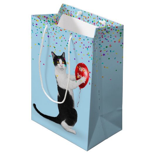 Tuxedo Cat met Confetti en Verjaardagsballon Medium Cadeauzakje (Voorkant Gekanteld)