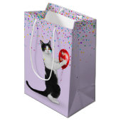 Tuxedo Cat met Confetti en Verjaardagsballon Medium Cadeauzakje (Voorkant Gekanteld)