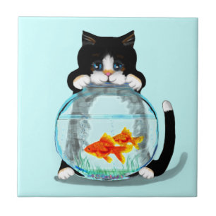 Tuxedo Cat met Fish Tile Tegeltje
