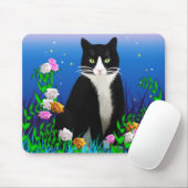 Tuxedo Cat met Flowers Mousepad Muismat (Met muis)