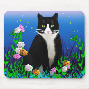 Tuxedo Cat met Flowers Mousepad Muismat