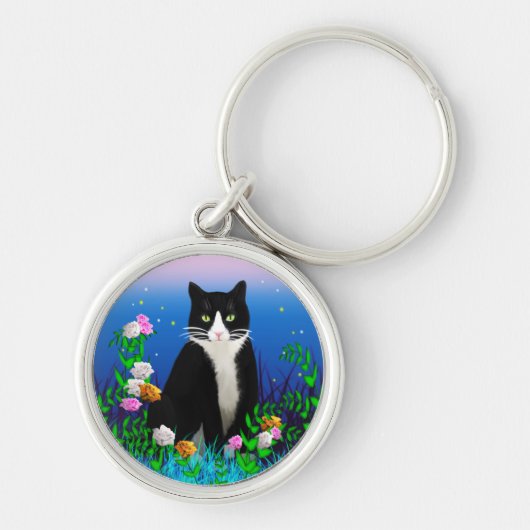 Tuxedo Cat met Flowers Sleutelhanger (Voorkant)