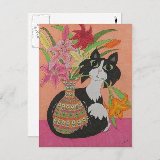 Tuxedo Cat met gelilies Briefkaart (Voorkant / Achterkant)