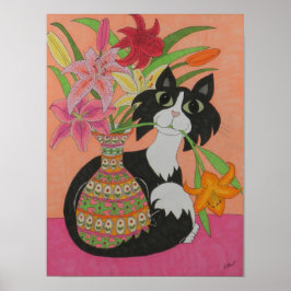 Tuxedo Cat met gelilies Poster