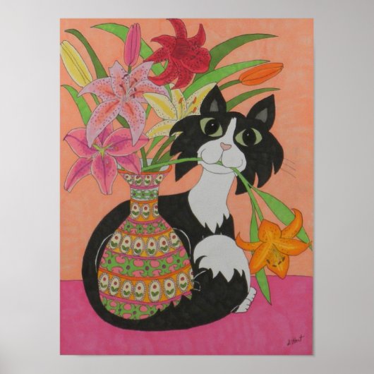 Tuxedo Cat met gelilies Poster (Voorkant)