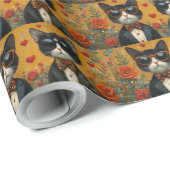 Tuxedo Cat met Hart Rozen Valentijnsdag Cadeaupapier (Rol Hoek)