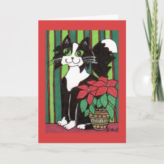 Tuxedo Cat met Poinsettia Feestdagen Kaart (Voorkant)