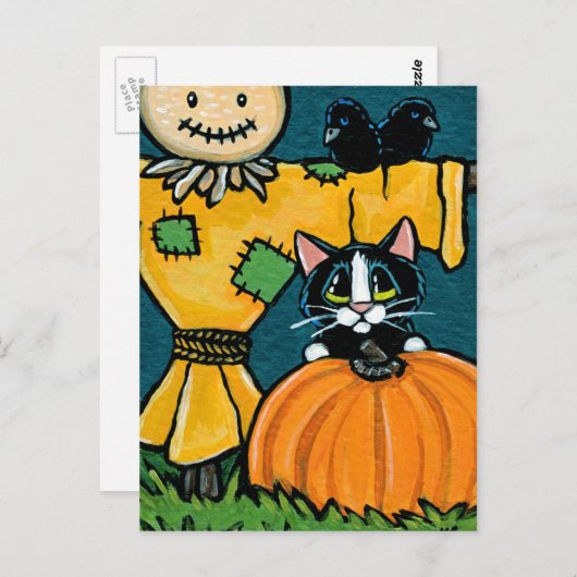 Tuxedo Cat met pompoen en diagonaal-illustratie Briefkaart (Voorkant / Achterkant)