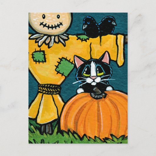 Tuxedo Cat met pompoen en diagonaal-illustratie Briefkaart (Voorkant)