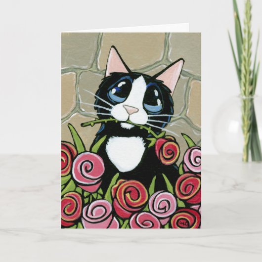 Tuxedo Cat met rode en roze rozen Wenskaart Kaart (Voorkant)