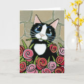 Tuxedo Cat met rode en roze rozen Wenskaart Kaart (Gele Bloem)