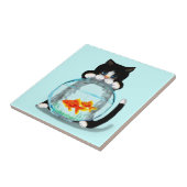 Tuxedo Cat met visstapel Tegeltje (Zijkant)