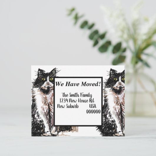 Tuxedo Cat New Address Briefkaart, we gaan verder Briefkaart (Staand voorkant)