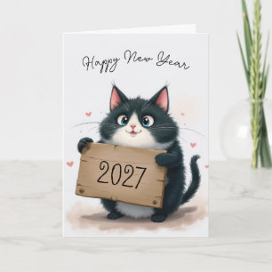 Tuxedo Cat Nieuwjaar 2026 Feestdagen Kaart