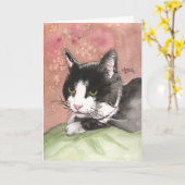 Tuxedo Cat Note Kaart Zwart Wit Kat Roze Groen (Gele Bloem)
